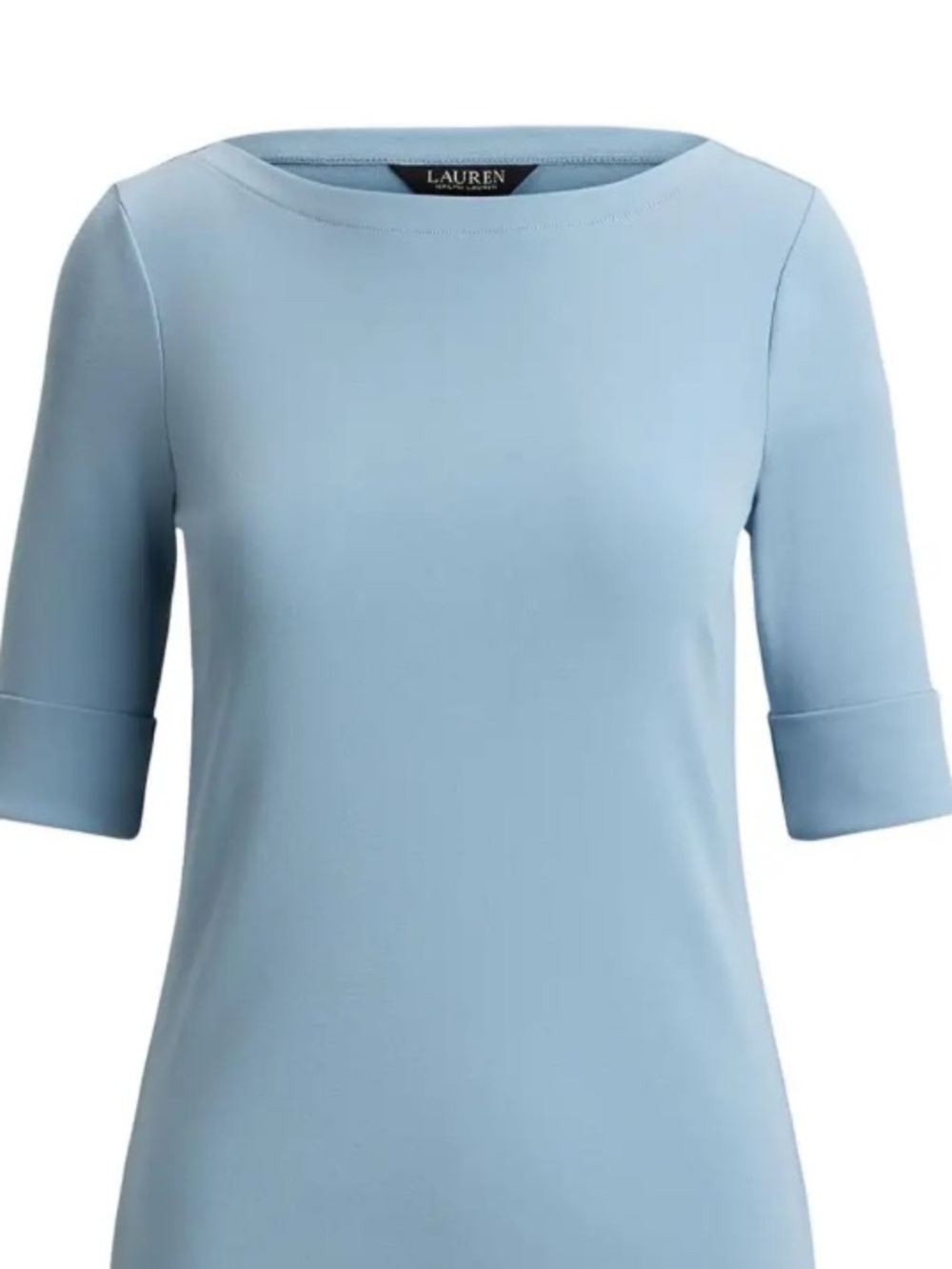 LAUREN Light Blue Boatneck Elbow-Sleeve Top Stretch Cotton medium petite